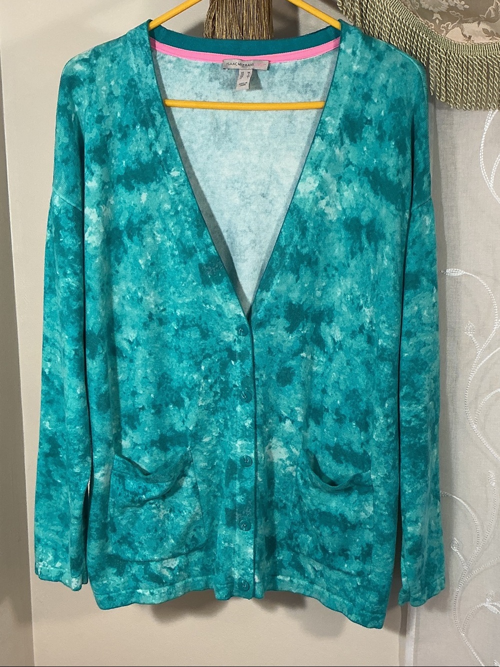 Isaac Mizrahi Teal Aqua Turquoise Watercolor Button-Front Cardigan Sz M  Cotton